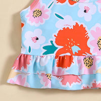 Girls Sky Blue Floral Printed Peplum Top With Briefs Swimwear Sets Sets