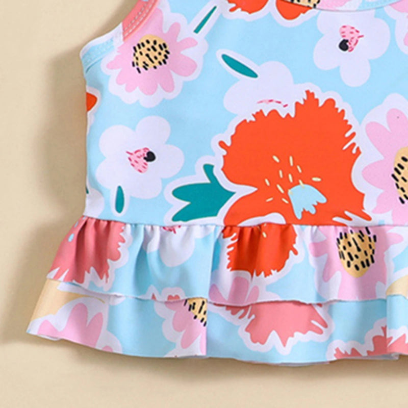 Girls Sky Blue Floral Printed Peplum Top With Briefs Swimwear Sets Sets