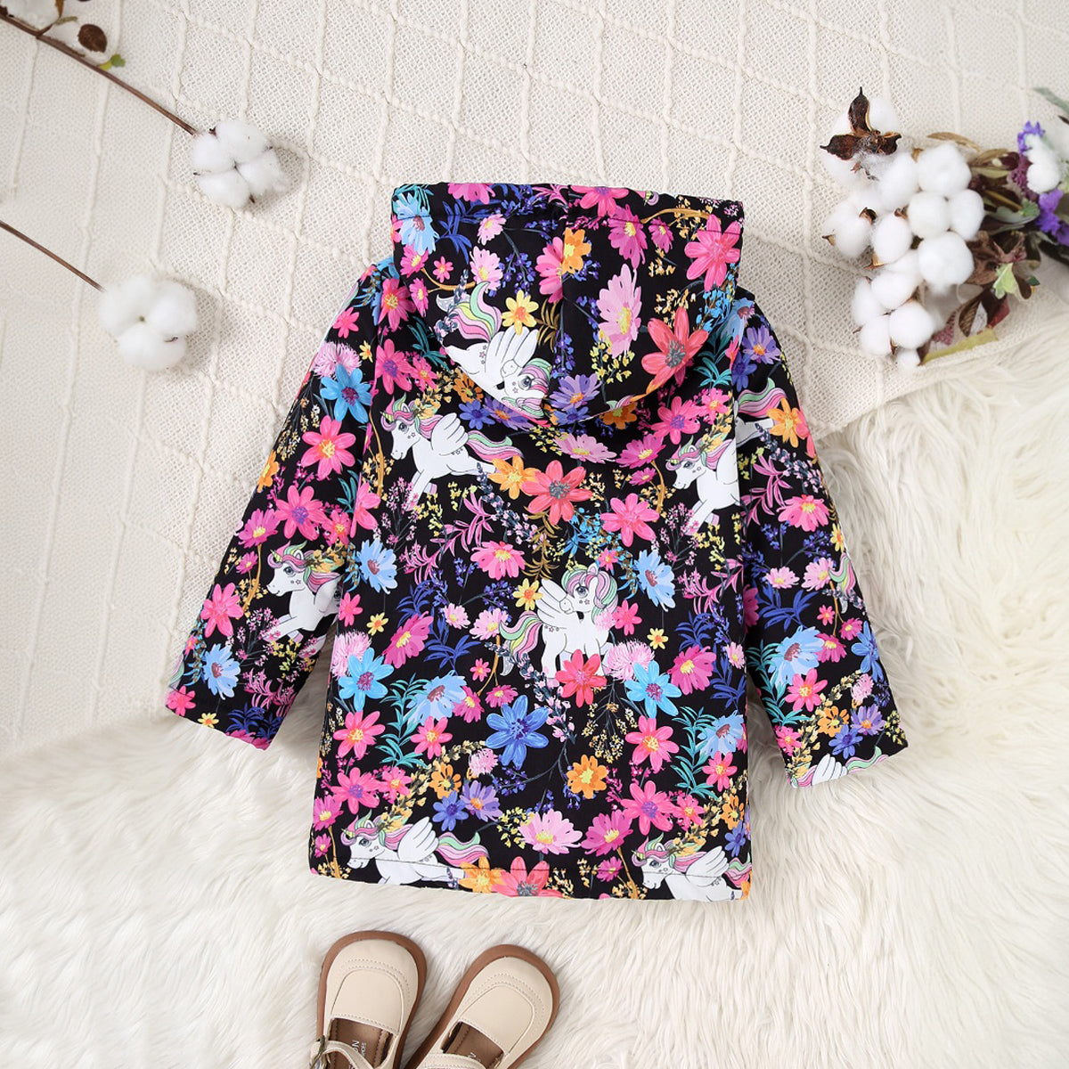 Girls Multicolor Floral Printed Hooded Front Open Winter Jacket Coats & Jackets