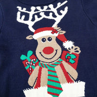 Boys Navy Blue Sweater With Self-Design Christmas Reindeer Pattern Sweaters & Cardigans