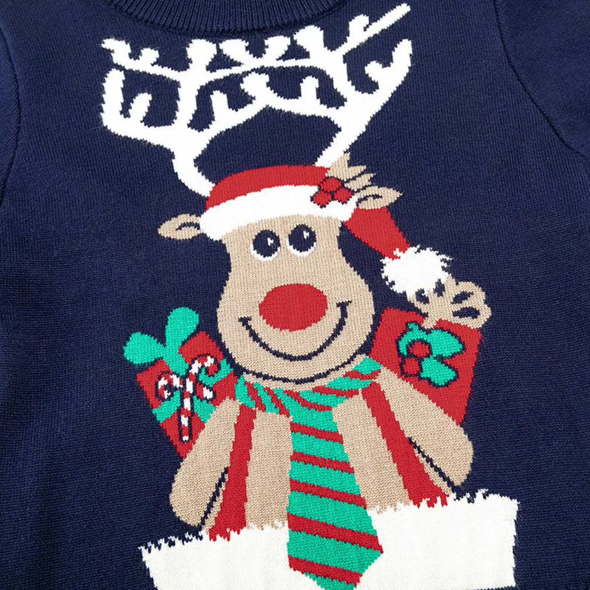 Boys Navy Blue Sweater With Self-Design Christmas Reindeer Pattern Sweaters & Cardigans