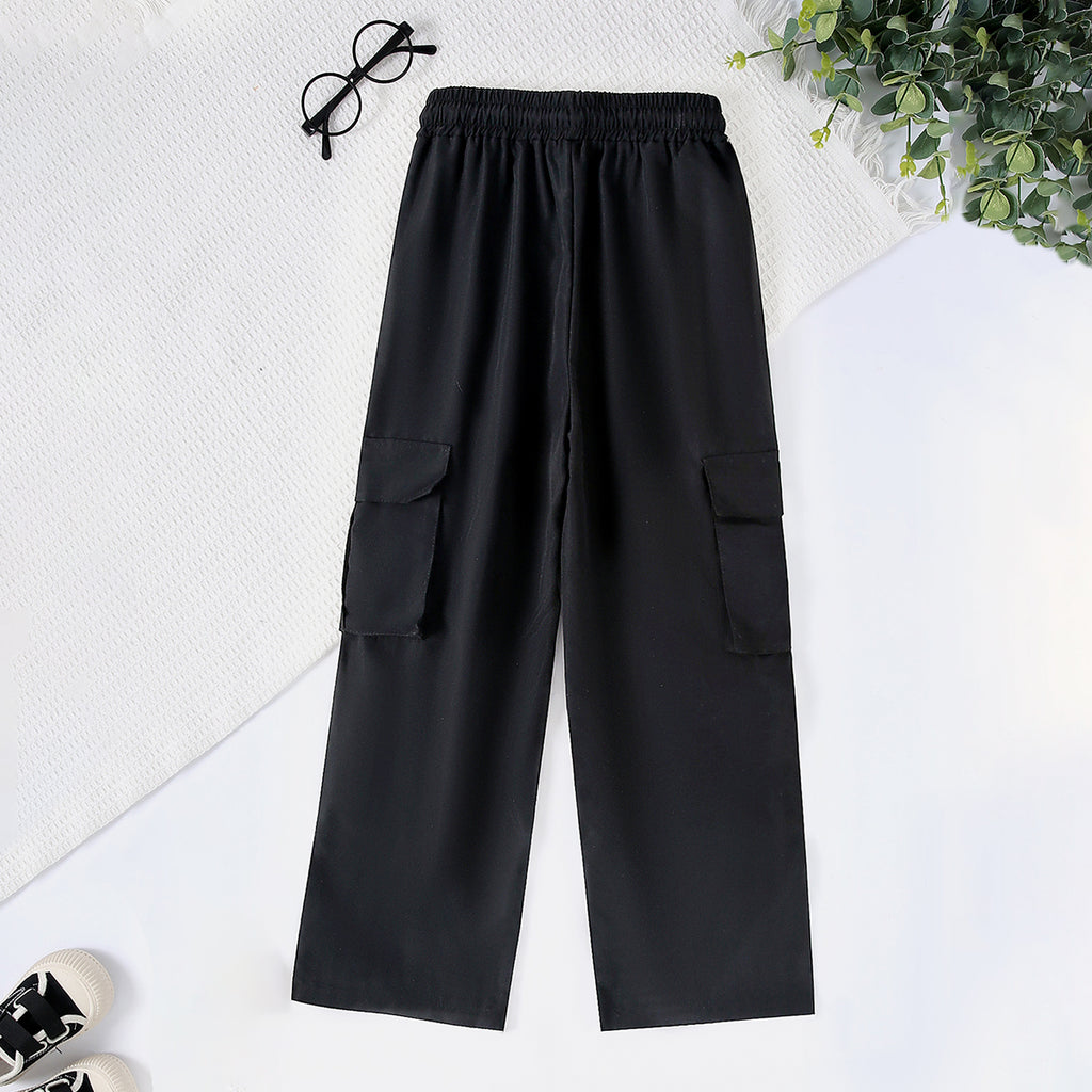Girls Black Elasticated Wait-band Straight Fit Cargo Trousers Cargo Pants