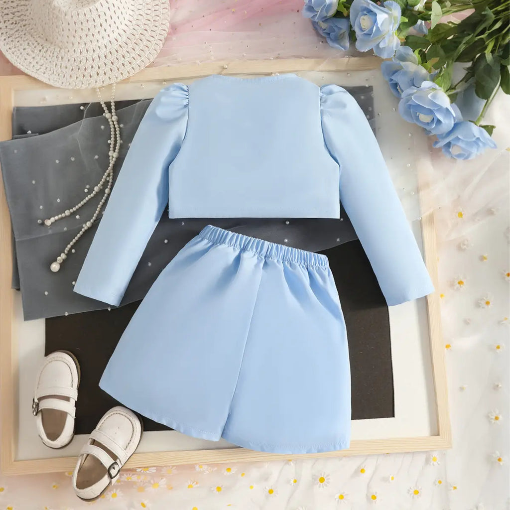 Girls Light Blue Large Flower Applique Long Sleeves Top With Skorts Set Sets
