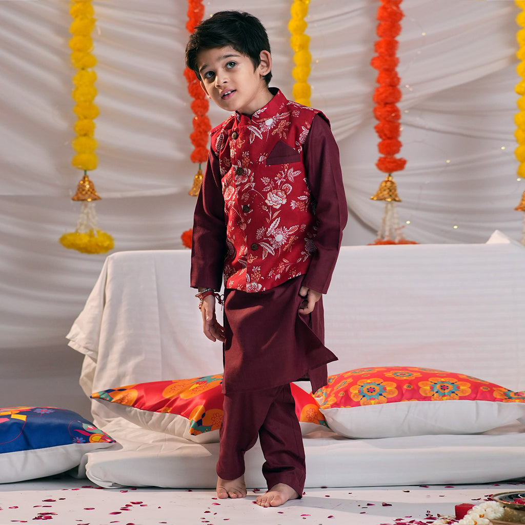 Boys Red Kurta with Floral Print Nehru Jacket & Pyjama Set Ethnicwear Boys