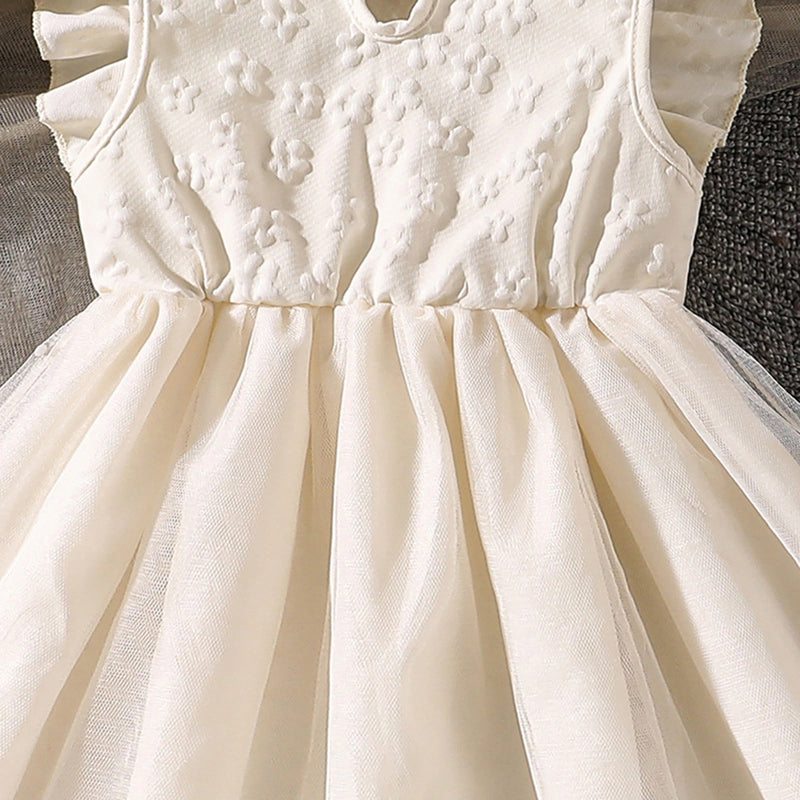 Girls Cream Butterfly Applique Flutter Sleeve Fit & Flare Party Dress Party Dresses
