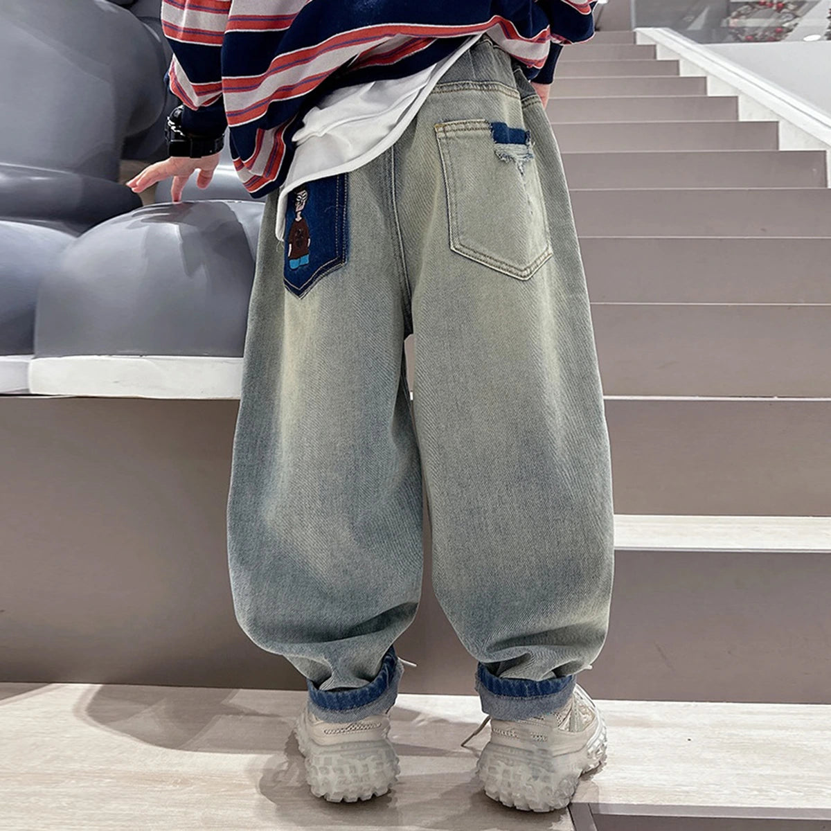 Boys Light Blue Embroidered Loose Fit Denim Jeans Pants
