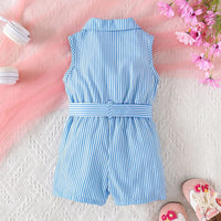 Girls Blue Striped Sleeveless Button-Front Belted Romper Jumpsuits