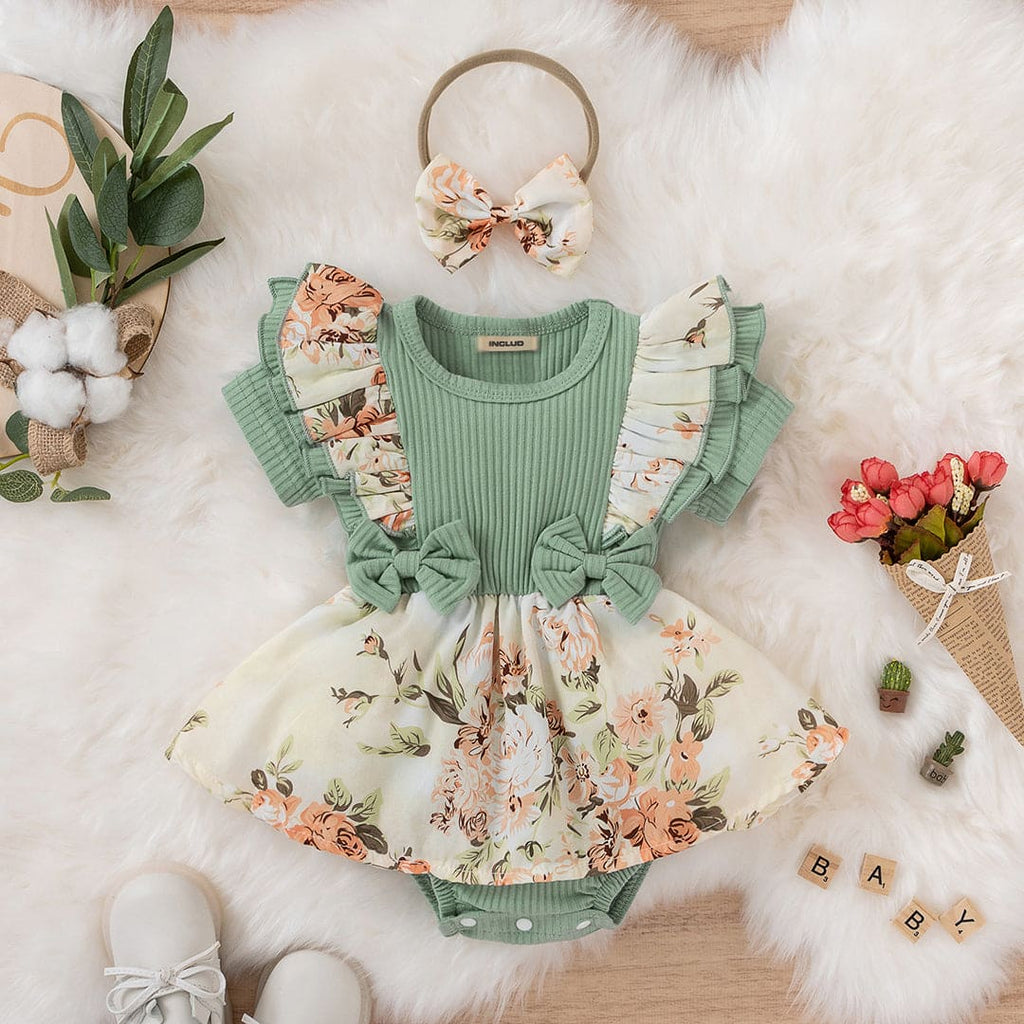 Girls Floral Print Short Sleeves Bodysuit Dress Casual Dresses Light Green 1-2 Y 