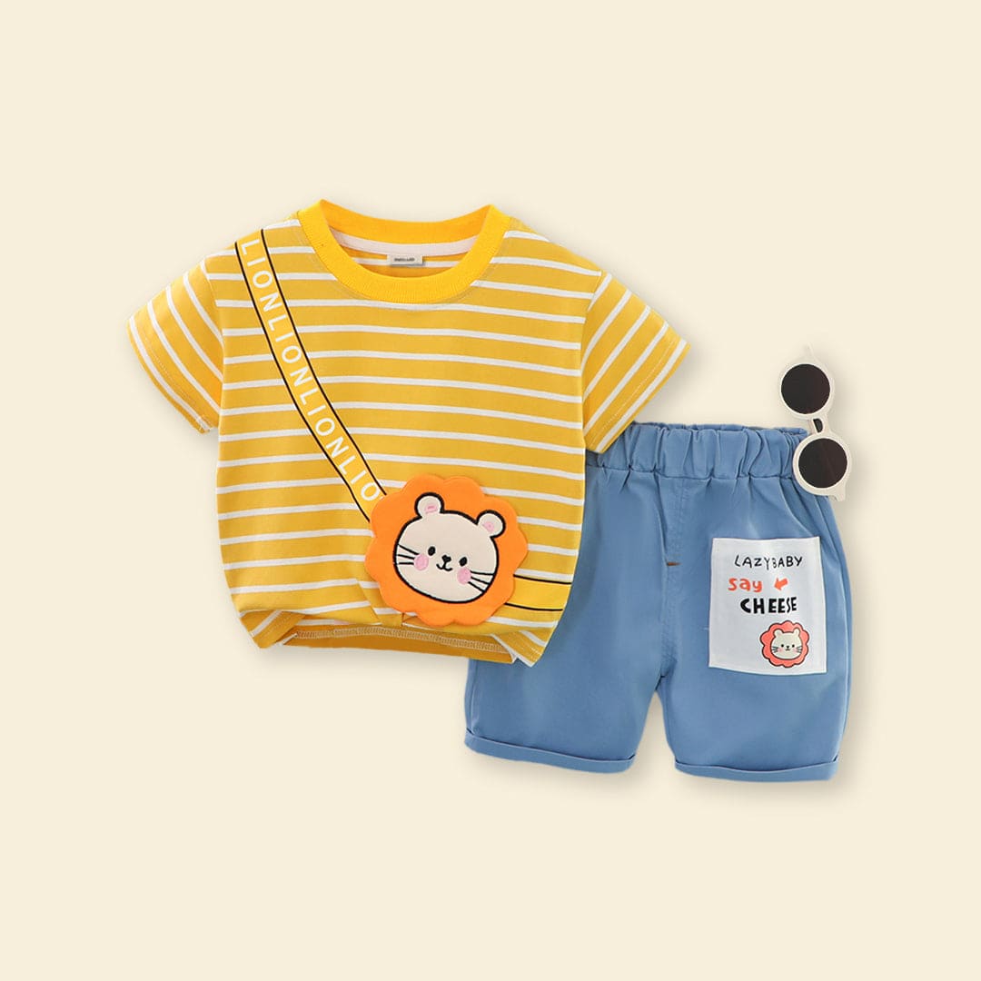 Boys Yellow Striped Lion Applique T-Shirt With Denim Shorts Sets   