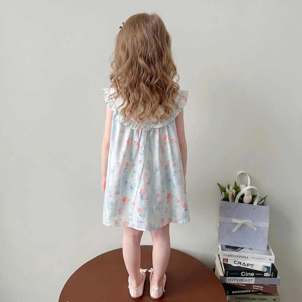 Girls Light Blue Mermaid Print Ruffle A-Line Dress Casual Dresses