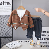 Boys Brown Self-Design Cardigan With T-Shirt and Denim Pants set Sets Brown 1-2 Y