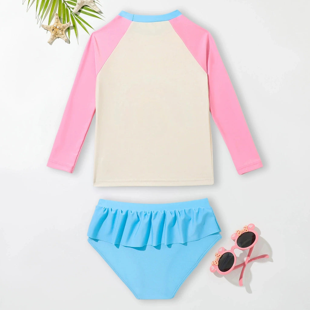 Girls Pink Rainbow Print Long Sleeves T-Shirt With Ruffled Briefs Swimwear Sets Sets