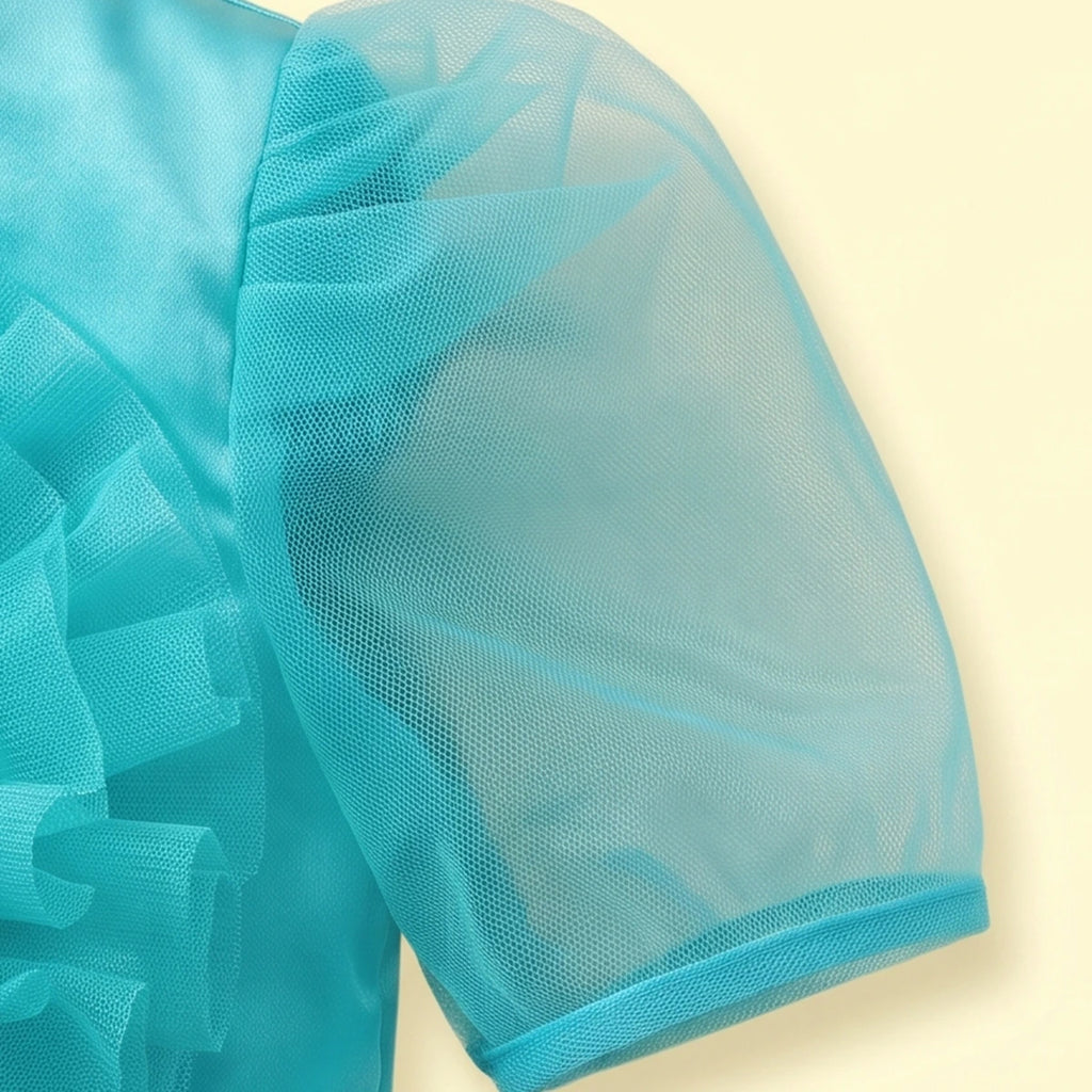 Girls Sea Green Puff Sleeve Fit & Flare Party Dress Party Dresses
