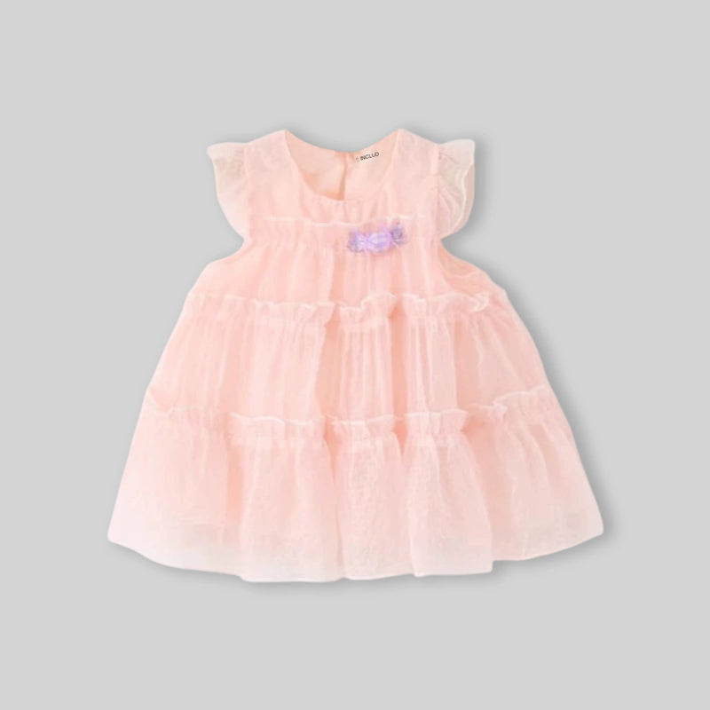 Girls Pink Flutter Sleeve Tiered A-line Dress Casual Dresses