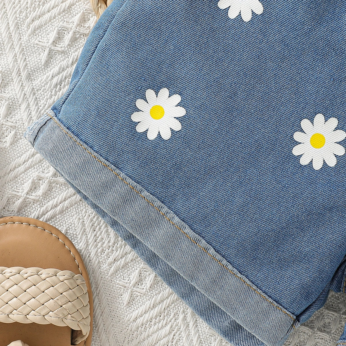 Girls Yellow Big Flower Applique Top With Floral Printed Denim Shorts Set Sets