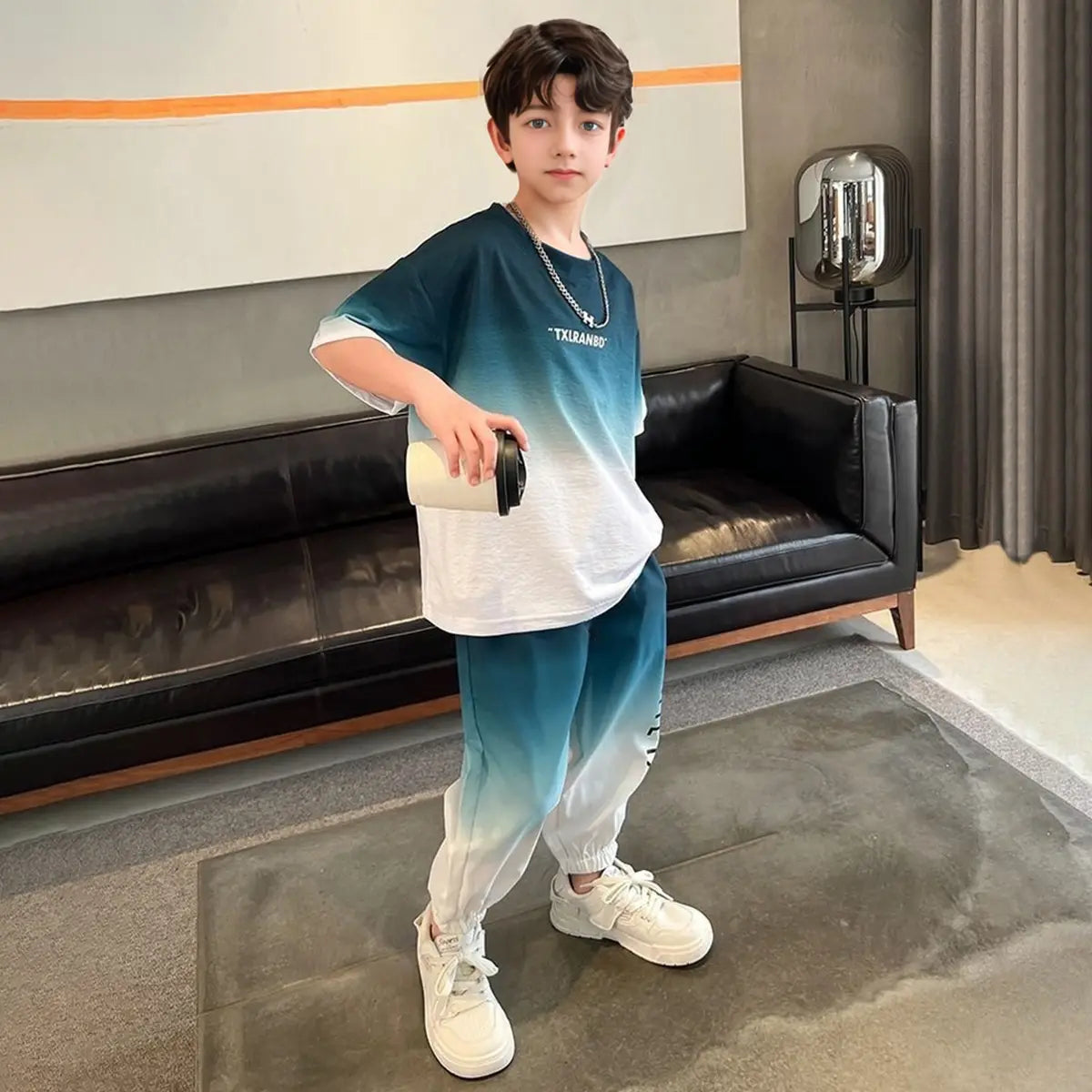 Boys Green Typographic Print Short Sleeves T-Shirt With Jogger Co-ord Sets Sets