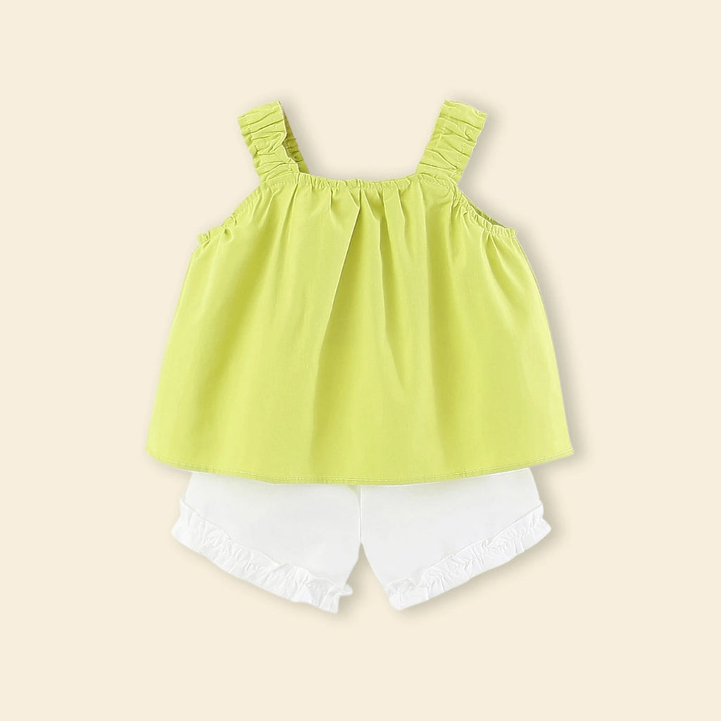 Girls Lime Green 3D Flower Applique Ruffle Top With Shorts Sets Sets
