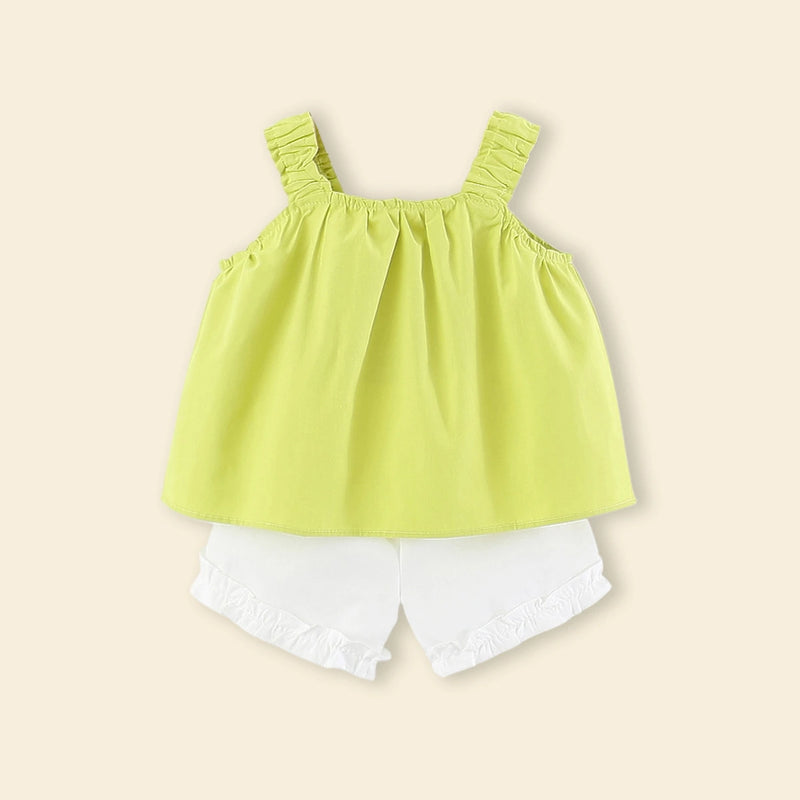 Girls Lime Green 3D Flower Applique Ruffle Top With Shorts Sets Sets