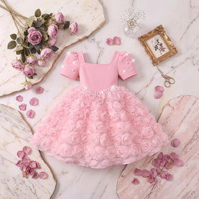 Girls Pink Rose Applique Puff Sleeve Fit & Flare Dress Casual Dresses Pink 3-4 Y