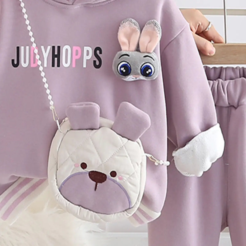 Girls Purple Applique Hoodies Sweatshirt With Pants & Bag Sets 3 pc. Sets