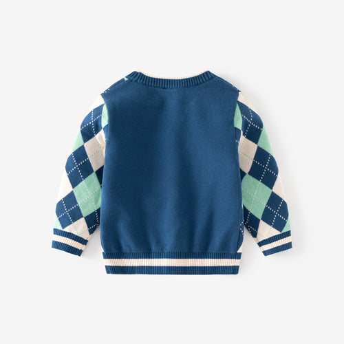 Boys Multicolor Cardigan With Self-design Diamond Patterns Sweaters & Cardigans