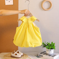 Girls Yellow Bow Applique Sleeveless Balloon Dress Casual Dresses