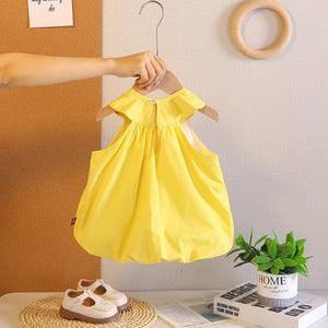 Girls Yellow Bow Applique Sleeveless Balloon Dress Casual Dresses