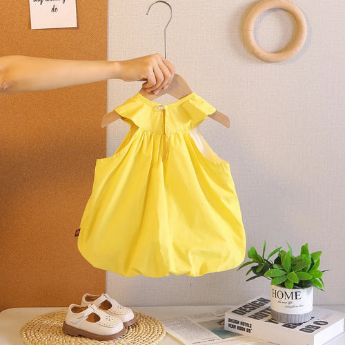 Girls Yellow Bow Applique Sleeveless Balloon Dress Casual Dresses