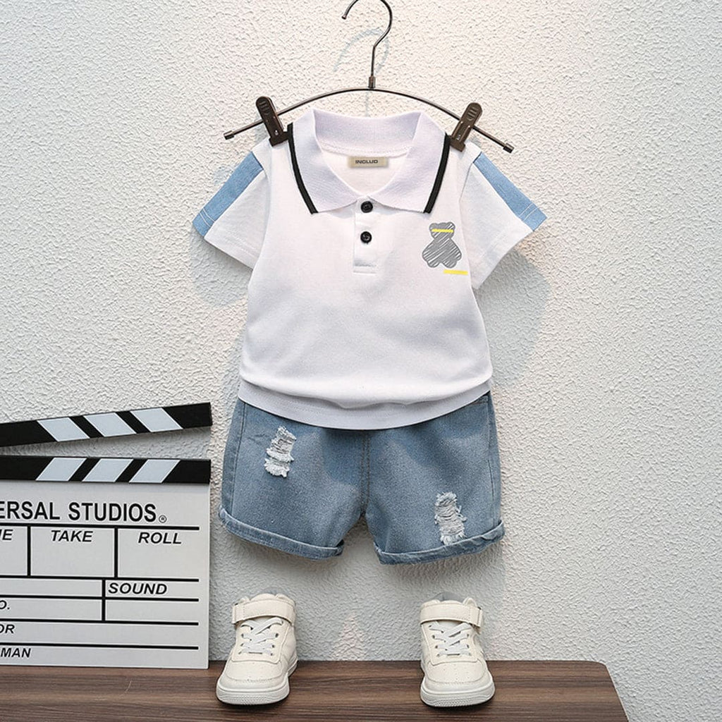 Boys White Graphic Polo T-Shirt With Denim Shorts Set Sets White 1-2 Y 