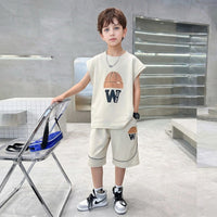 Boys Beige Graphic Sleeveless T-Shirt With Elasticated Long Shorts Sets Sets Beige 5-6 Y