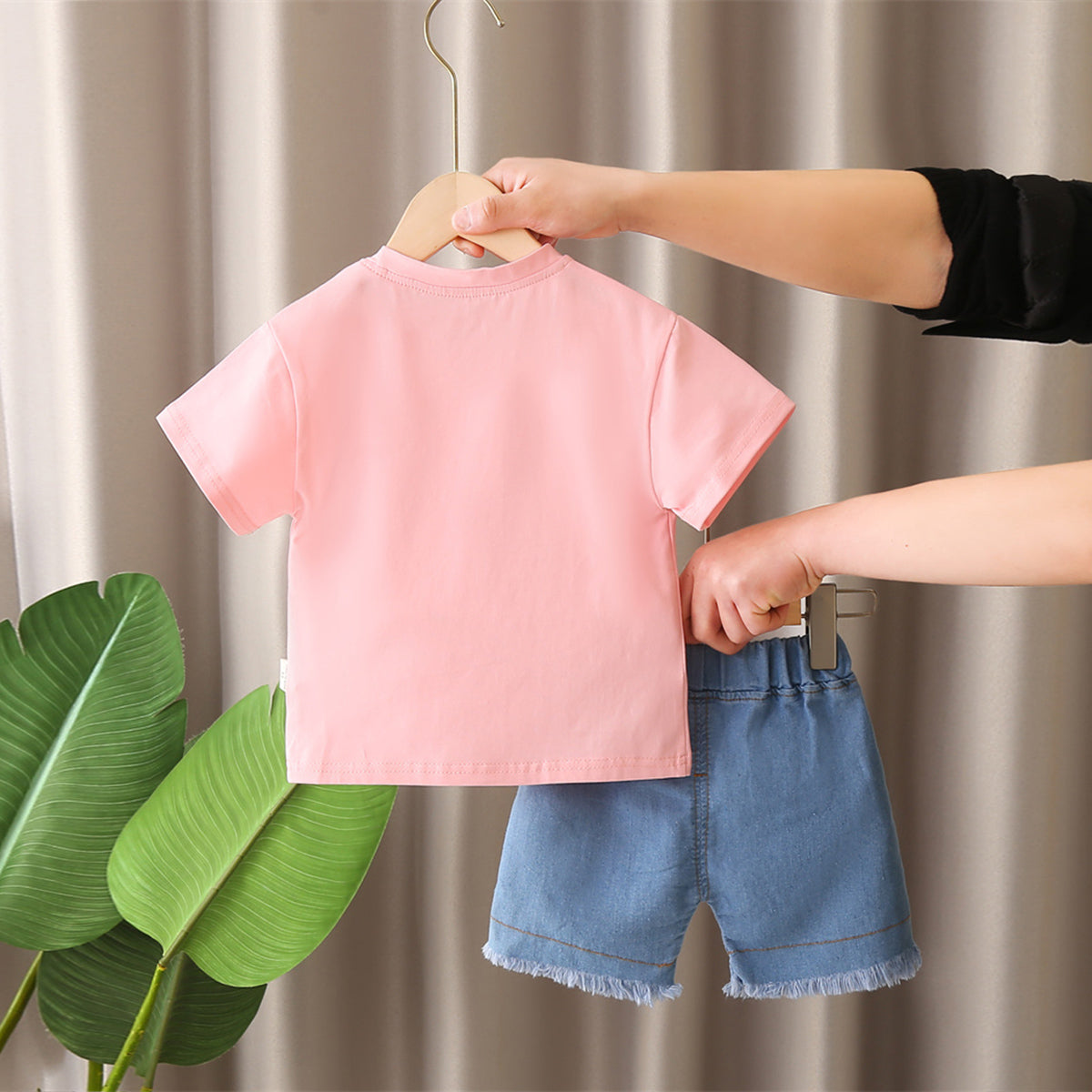Girls Light Pink Graphic Short Sleeves T-Shirt With Denim Shorts 2 pc. Sets