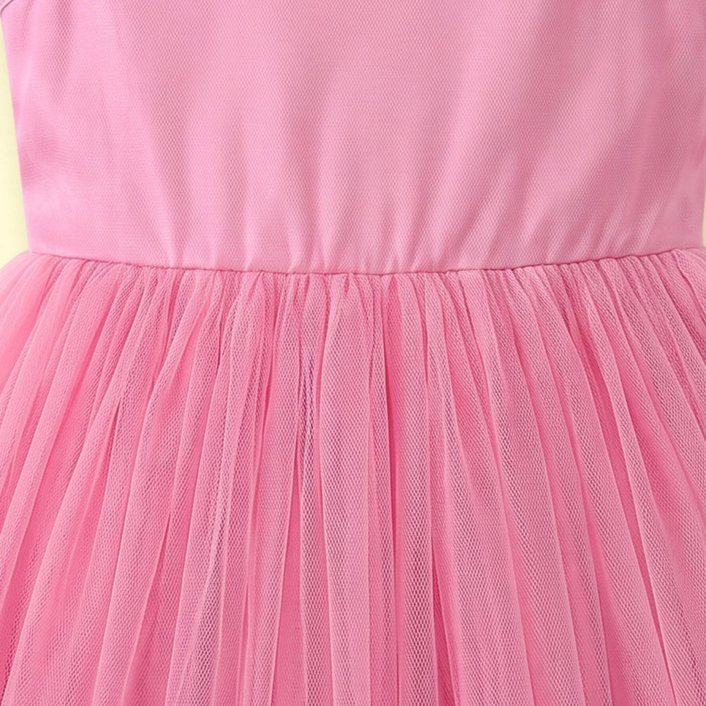 Girls pink sleeveless party gown with floral applique and tulle
