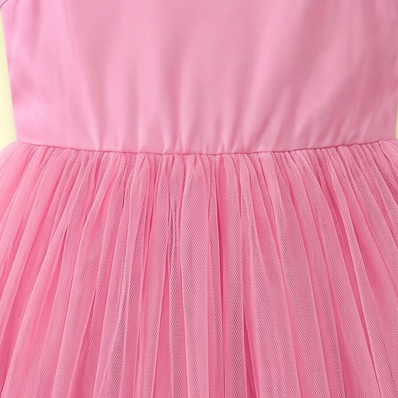 Girls pink sleeveless party gown with floral applique and tulle