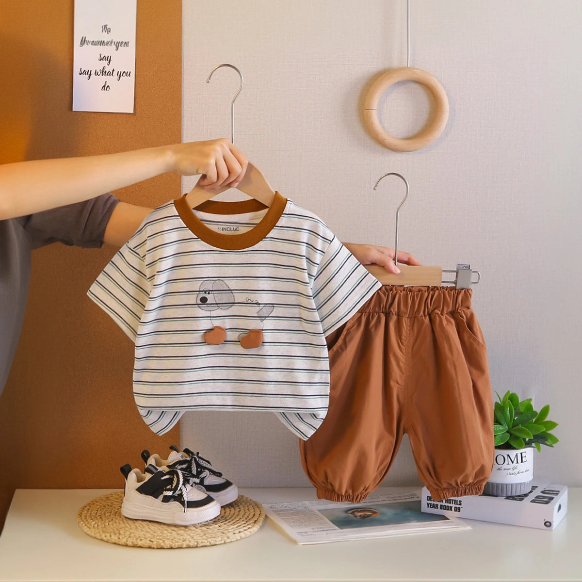 Boys Grey Dog Print Striped T-Shirt with Elasticated Shorts Sets 2 pc. Sets Grey 1-2 Y