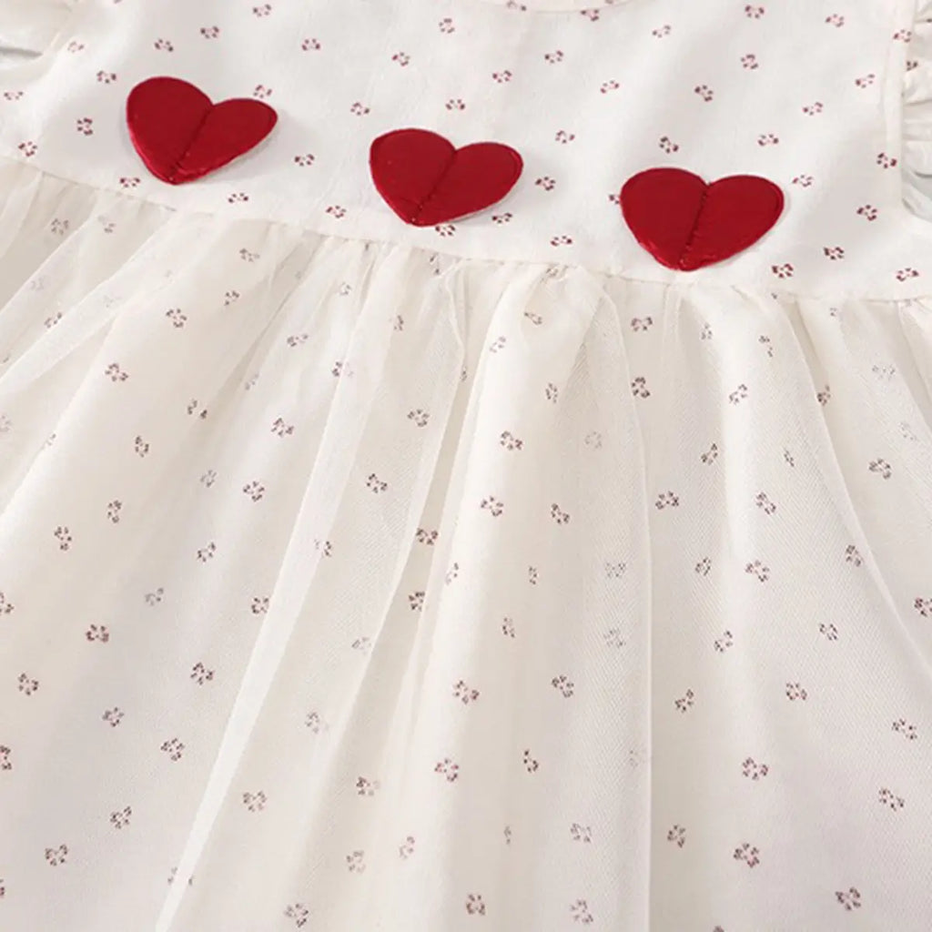 Girls Red Heart Applique A-Line Dress With Floral Print Tulle Overlay Casual Dresses