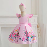 Girls Pink Floral Print Flutter Sleeve Fit & Flare Party Wear Dress Party Dresses