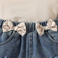 Girls Beige Sleeveless Top With Denim Shorts Sets 2 pc. Sets