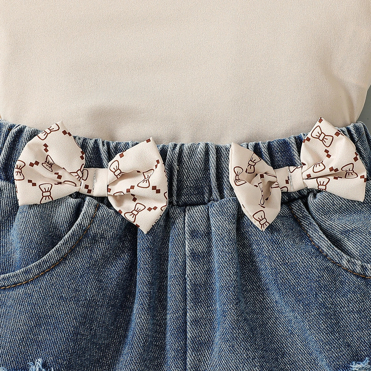 Girls Beige Sleeveless Top With Denim Shorts Sets 2 pc. Sets