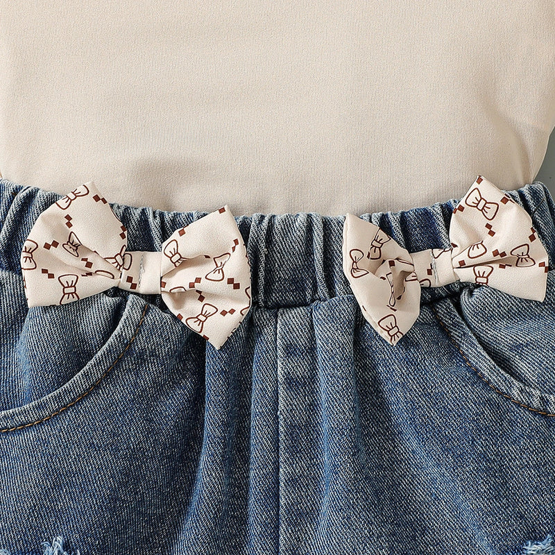 Girls Beige Sleeveless Top With Denim Shorts Sets 2 pc. Sets