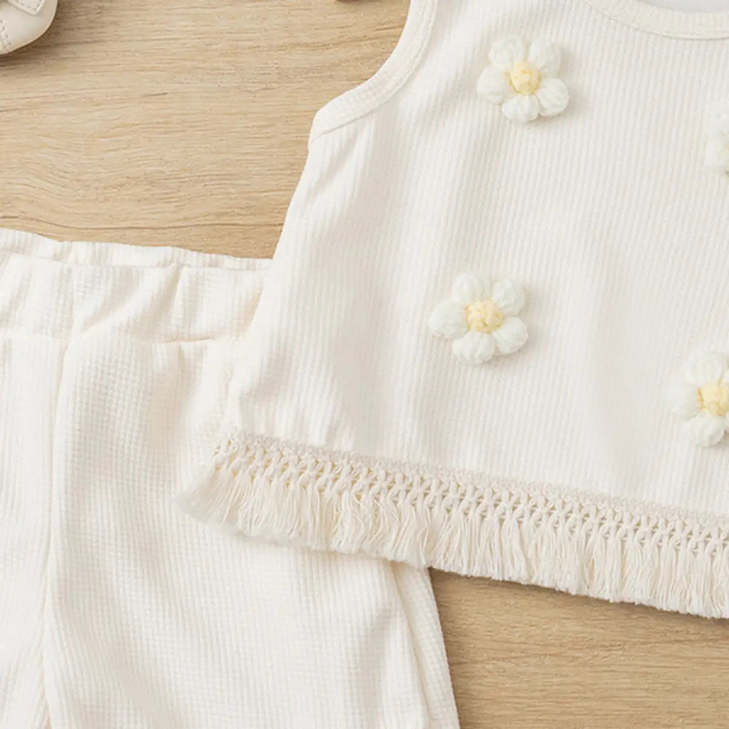 Girls Apricot 3D Flowers Applique Sleeveless Top With Shorts Set Sets