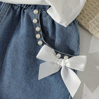 Girls White Printed Bow Short Sleeve T-Shirt With Denim Shorts Sets 2 pc. Sets