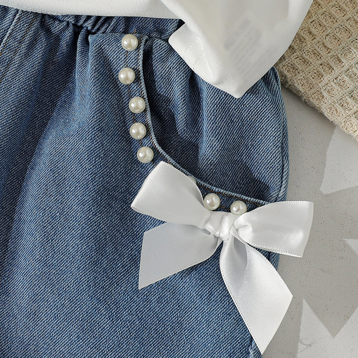Girls White Printed Bow Short Sleeve T-Shirt With Denim Shorts Sets 2 pc. Sets