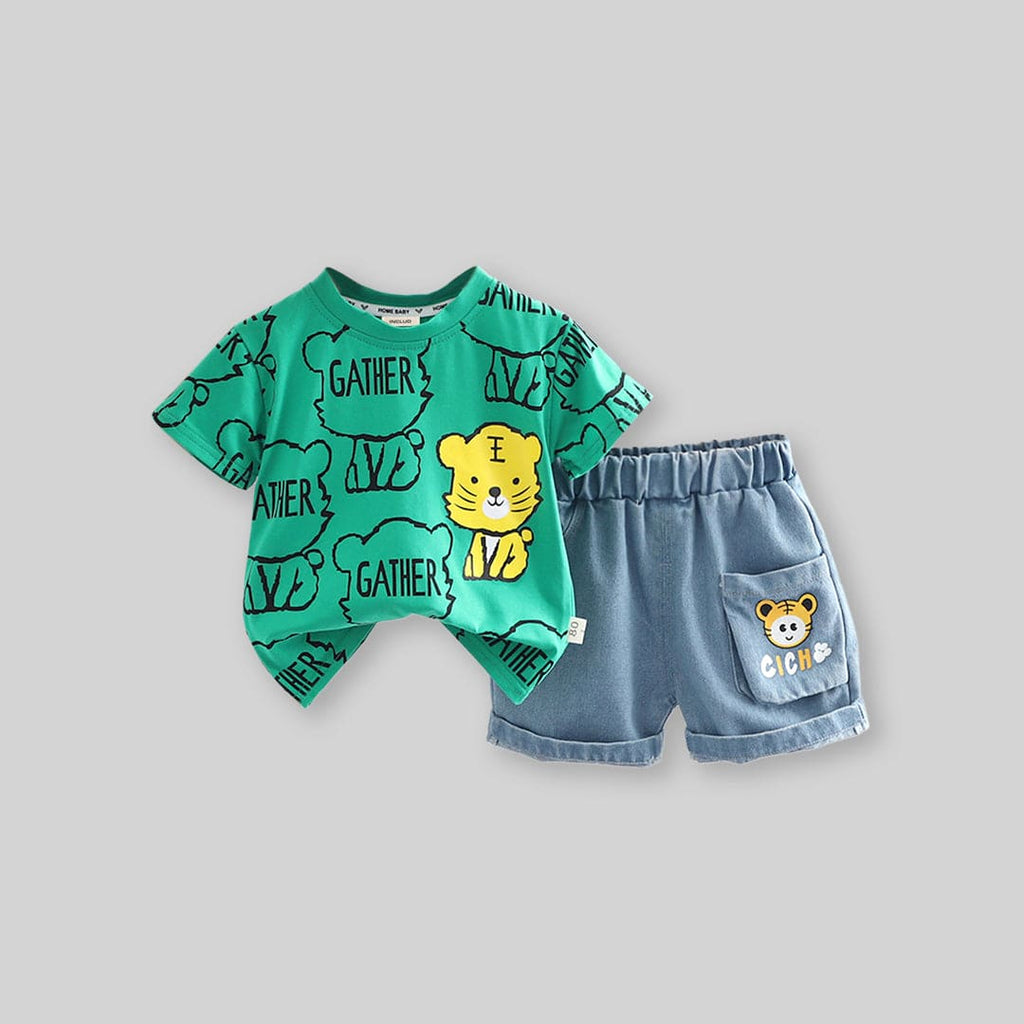 Boys Green Printed T-Shirt with Denim Shorts Set Sets Green 1-2 Y 