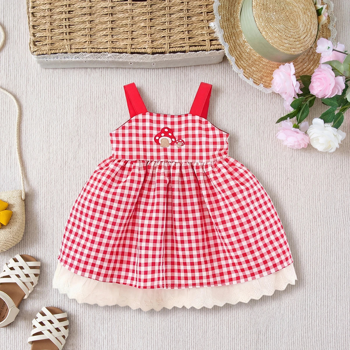 Girls Red Checked Mushroom Embroidered Fit & Flare Dress Casual Dresses Red 1-2 Y
