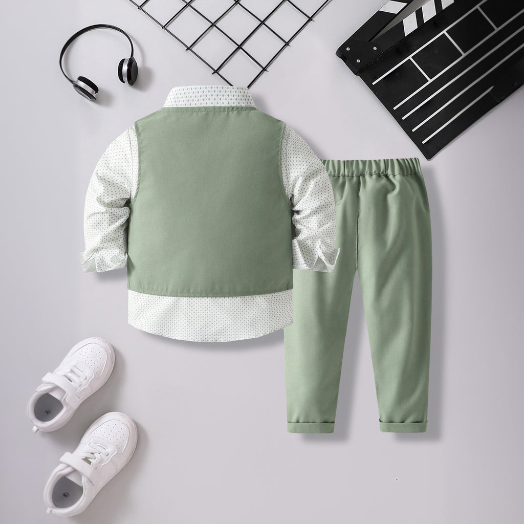 Boys Printed Long Sleeves Shirt With Green Waistcoat And Trouser Set 3 pc. Sets