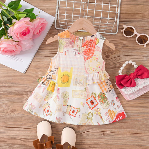 Girls Multicolor Graphic Sleeveless A-line Dress Casual Dresses