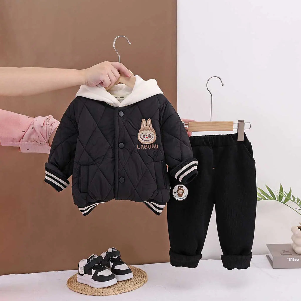 Boys Black Quilted Puffer Hooded Jacket With Jogger Sets Sets