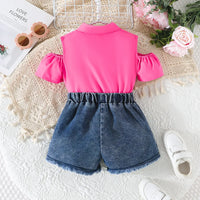 Girls Fuchsia Rose Applique Cold-Shoulder Top With Denim Shorts Sets Sets