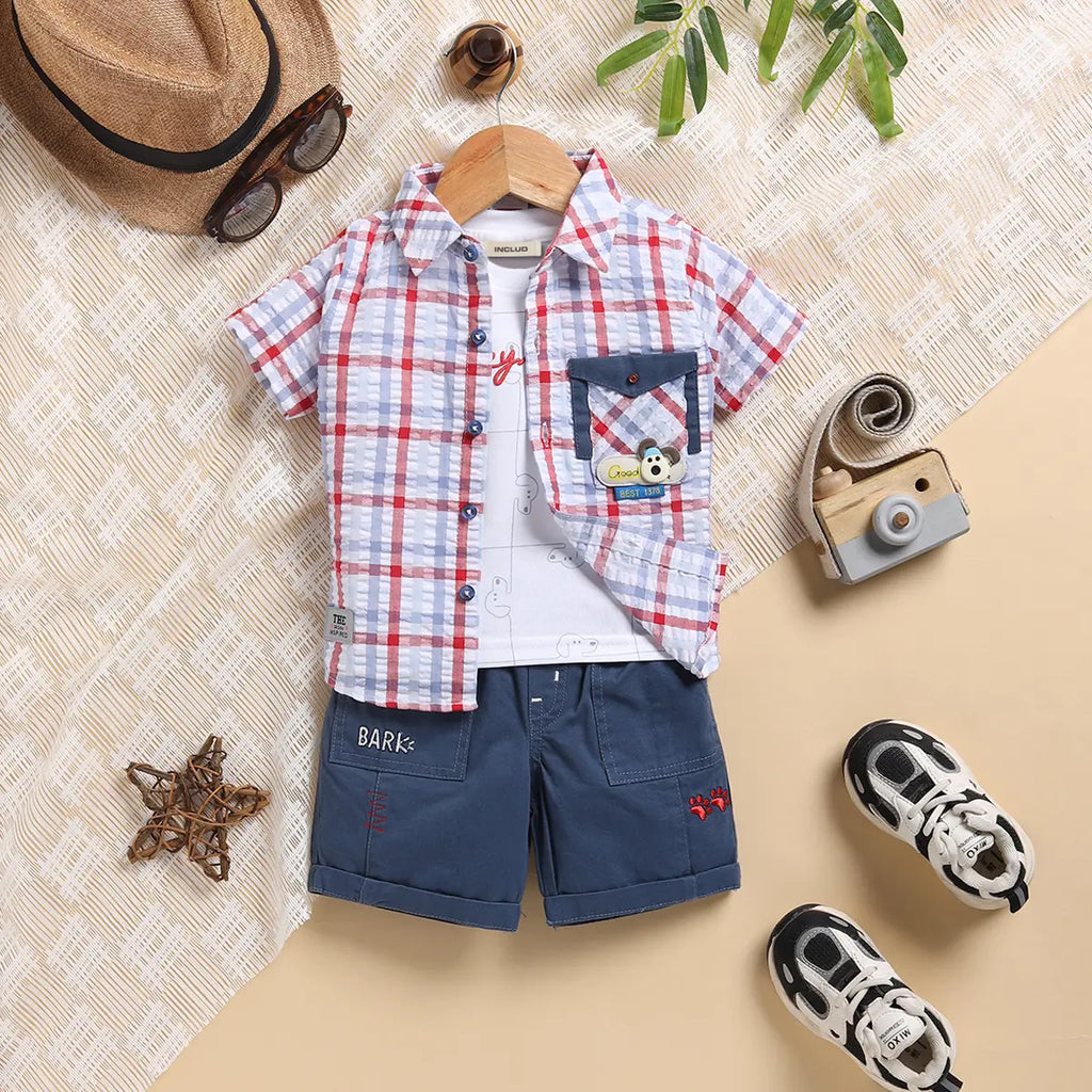 Boys Blue Checked Applique Shirt With Elasticated Shorts Sets 2 pc. Sets Blue 0-3 M