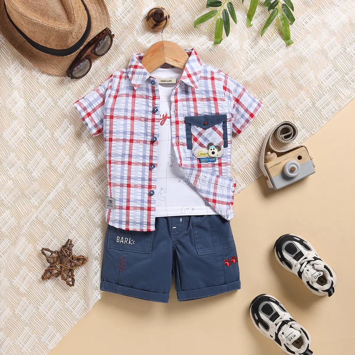 Boys Blue Checked Applique Shirt With Elasticated Shorts Sets 2 pc. Sets Blue 0-3 M